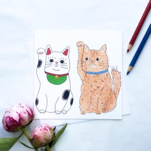 Carte porte-bonheur chat porte-bonheur - carte d'anniversaire chat porte-bonheur - carte de voeux - Maneki Neko - carte faite main - carte d'art amusant - carte vierge - animal mignon