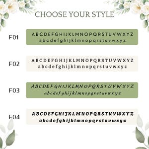K&ouml;nnte beinhalten: Eine Schriftart-Auswahltabelle mit dem Titel CHOOSE YOUR STYLE, die vier verschiedene Alphabets&auml;tze von F01 bis F04 zeigt. Jede Zeile pr&auml;sentiert Gro&szlig;- und Kleinbuchstaben in verschiedenen Schriftarten auf abwechselnd salbeigr&uuml;nen und cremefarbenen Hintergr&uuml;nden.