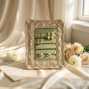 May include: An ornate, cream-colored jewelry display case with a green velvet interior. The case holds various earrings and rings with pearl accents. The display is set on a satin surface, with a vintage wedding vow and flowers in the background.