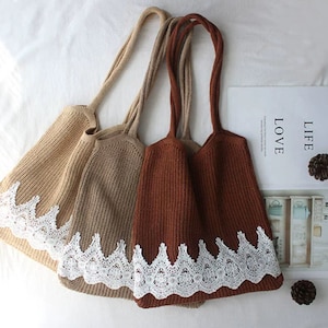 Charlotte Lace Crochet Knit Tote Bag, Crochet Shoulder Bags, Lace Bag, Summer Bag, Knit Bag, Women Bag, Knit with Lace Bag