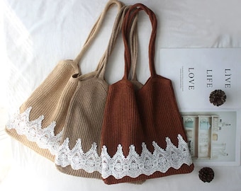 Charlotte Lace Crochet Knit Tote Bag, Crochet Shoulder Bags, Lace Bag, Summer Bag, Knit Bag, Women Bag, Knit with Lace Bag