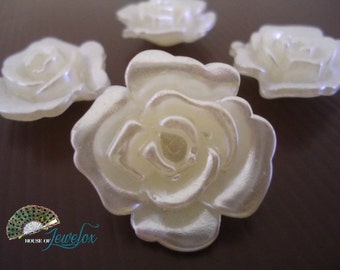 White Pearl Flower Beads, Large Flat Back, Acrylic Flower Bead, 3D Flower, 30mm
