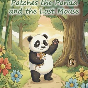 May include: A colourful children's book cover illustration showing a panda holding a mouse in a forest. The title reads "Patches the Panda and the Lost Mouse." The scene includes flowers, trees, and a mouse peeking from a tree hollow.