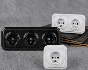 Square Ceramic French Socket Type E, Porcelain Wall Outlet, Vintage EU Ø60 Flush Mount, Prise Murale, Black or White, 1/2/3 Gang