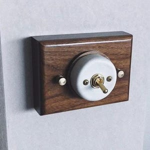 May include: A rectangular dark wood wall plate featuring a central white circular porcelain insert with a brass toggle switch. The assembly is secured with small brass screws on the left and right sides, mounted flush against a light gray wall surface.