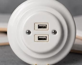 Retro Ceramic USB Socket – Porcelain Dual USB Charger Outlet, Vintage Wall Module, Black White