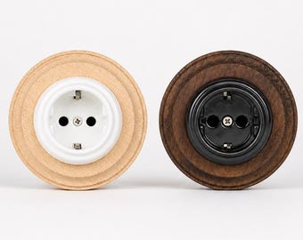Keramiskt uttag med träram – Schuko Typ F Porslinsvägguttag, EU Ø60