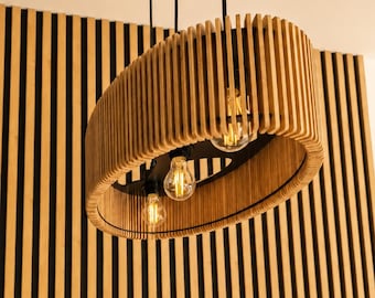 Lámpara de araña de madera – Lámpara colgante escultural grande, ovalada de roble de 80 cm, lámpara de comedor moderna orgánica – OAKSTRATA ORBIT 80