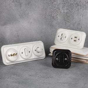 Square Ceramic Switch & Socket System – Build Your Set, Porcelain Modules, Schuko or Type E, EU Ø60, Black or White bild 1