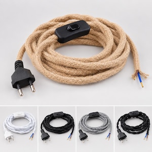 May include: A coiled electrical cord with a fabric-covered beige exterior, featuring a black two-prong plug, a black inline rocker switch, and exposed wire ends. The image also displays four additional cord variations in white, black, and patterns.