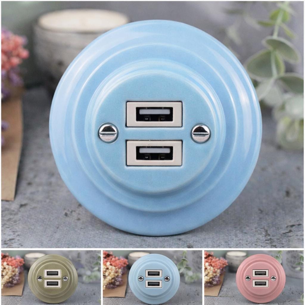 Pastel Ceramic USB Socket - Dual USB Wall Charger, Porcelain Frame, EU Ø60