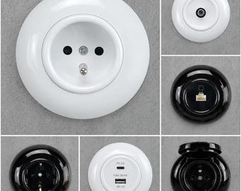 Prise murale rétro d'aspect bakélite - Prise française Schuko ou de type E, UE Ø60, Steckdose / Prise, Noir ou blanc