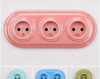 Pastel Ceramic French Socket Set – Double or Triple Type E Porcelain Outlet, EU Ø60, Prise Électrique, Mint, Blue, Salmon or Olive