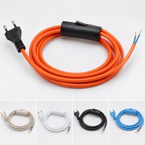 May include: A coiled orange electrical power cord featuring a black two-pin plug on one end, a black inline rocker switch in the middle, and two exposed wire ends. The image also displays four additional cords in beige, white, black, and blue.
