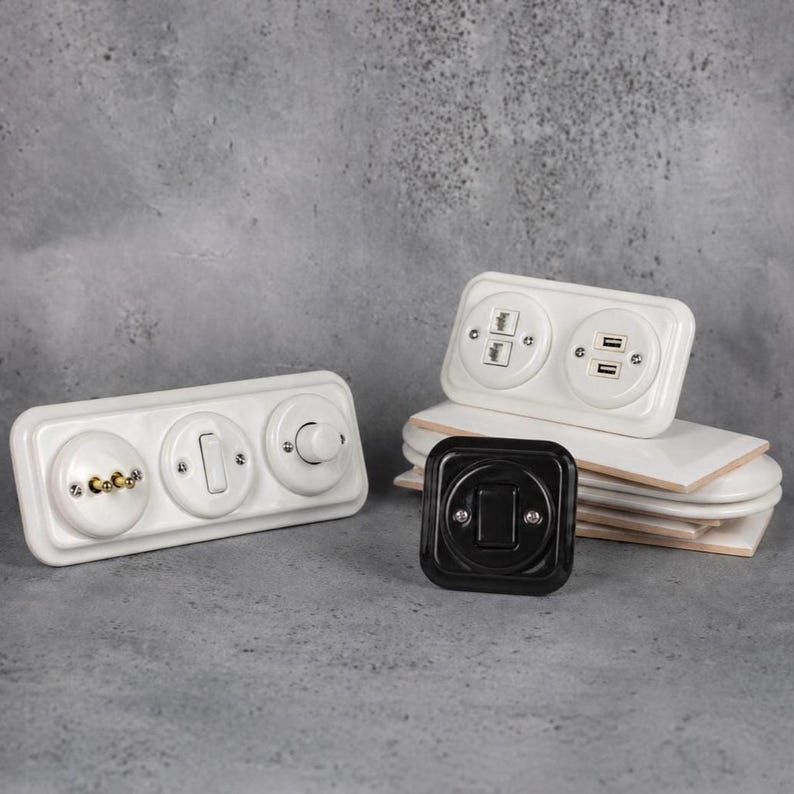 Square Ceramic Switch & Socket System – Build Your Set, Porcelain Modules, Schuko or Type E, EU Ø60, Black or White bild 1