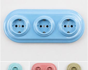 パステルカラーのセラミック製シュコソケットセット – ダブルまたはトリプルタイプのF型壁コンセント、EU規格Ø60、ソケットサイズ、ミント、ブルー、サーモン、またはオリーブ