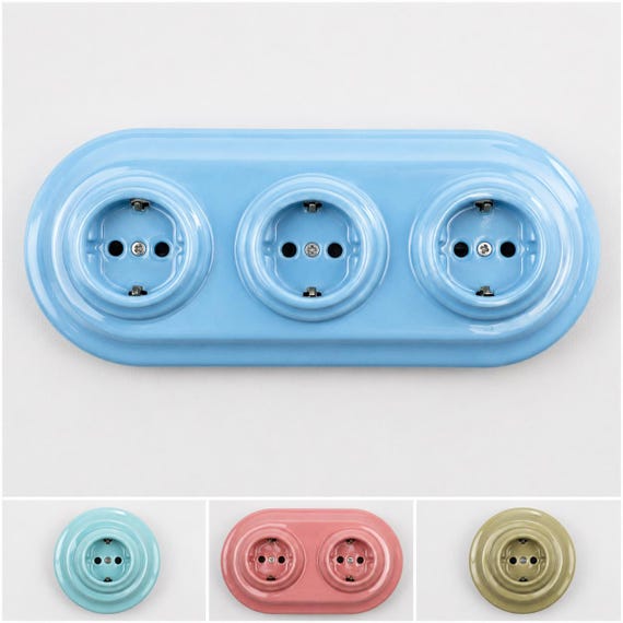 Pastel Ceramic Schuko Socket Set – Double or Triple Type F Wall Outlet, EU Ø60, Steckdose, Mint, Blue, Salmon or Olive