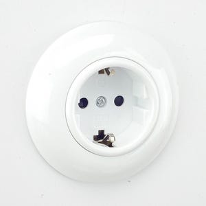 May include: A white, round electrical outlet with two holes and metal prongs. The outlet is recessed into the wall and has a smooth, glossy finish. The outlet is designed for use with European-style plugs.