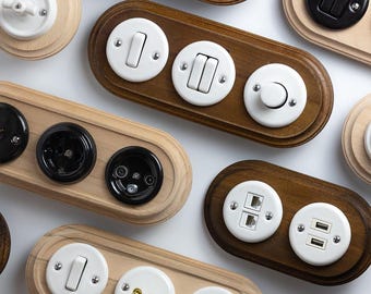 Wood Frame Ceramic Switch & Socket System – Build Your Set, Porcelain Modules, Schuko or Type E, EU Ø60
