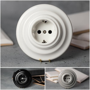 Prise Schuko classique - Prise ronde en porcelaine de type F, montage encastré Ø 60 UE, cadre inclus, blanc noir gris