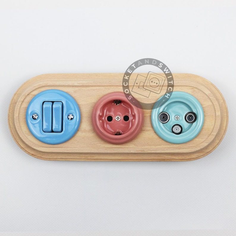 May include: An oval light-colored wooden wall plate featuring three circular components: a light blue double toggle light switch, a dusty pink electrical power outlet, and a light turquoise triple-port television and data connection socket.