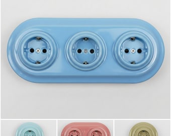 Pastelkeramische dopsleutelset – dubbel of drievoudig type F stopcontact, EU Ø60, steckdose, mint, blauw, zalm of olijf