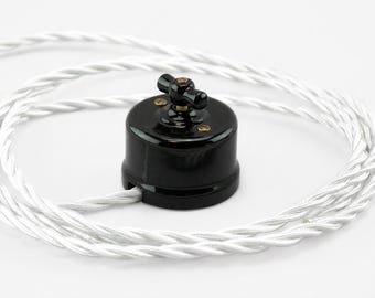 Interruptor rotativo cerámico de superficie – Interruptor de luz doble de 1 y 2 vías, Aufputz, negro y blanco
