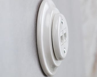 レトロセラミック製ダブルRJ45イーサネットソケット – ビンテージ磁器製ネットワークデータコンセント、EU Ø60