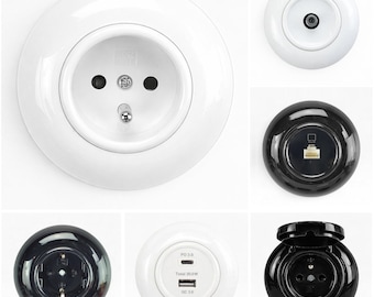 Retro bakelieten wandcontactdoos, Europees stopcontact, Duitse Schuko/Franse type E, TV SAT USB Ethernet-telefoon, inbouwmontage