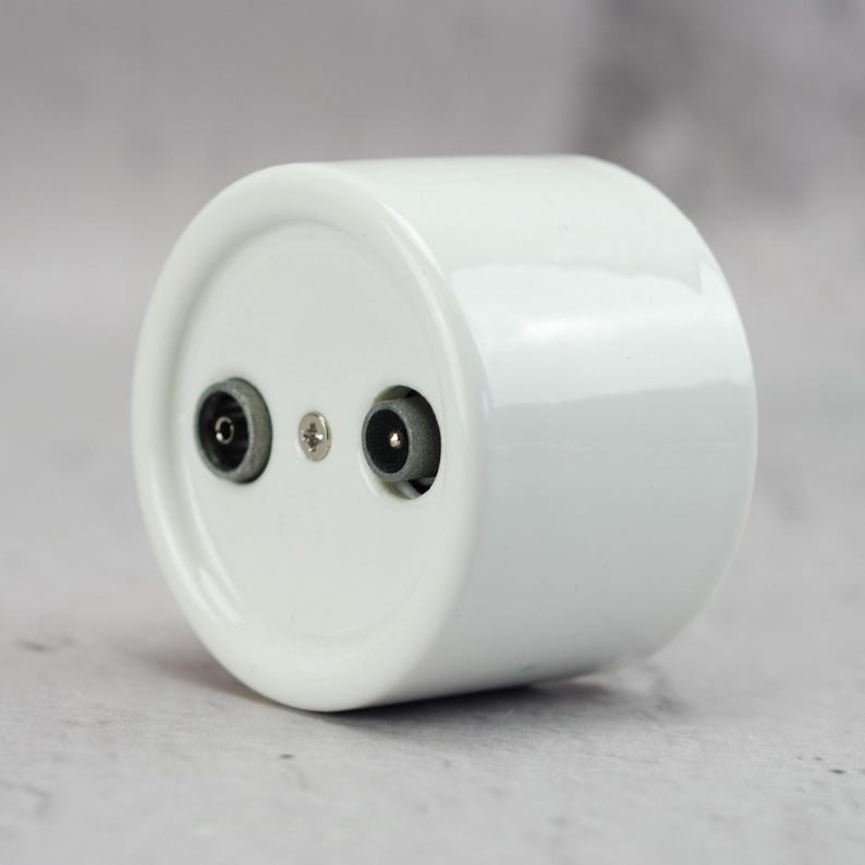 May include: A cylindrical white ceramic electrical wall socket component featuring two circular ports and a central metal screw. The smooth, glossy finish of the white housing contrasts with the dark grey interior of the two electrical connection points.