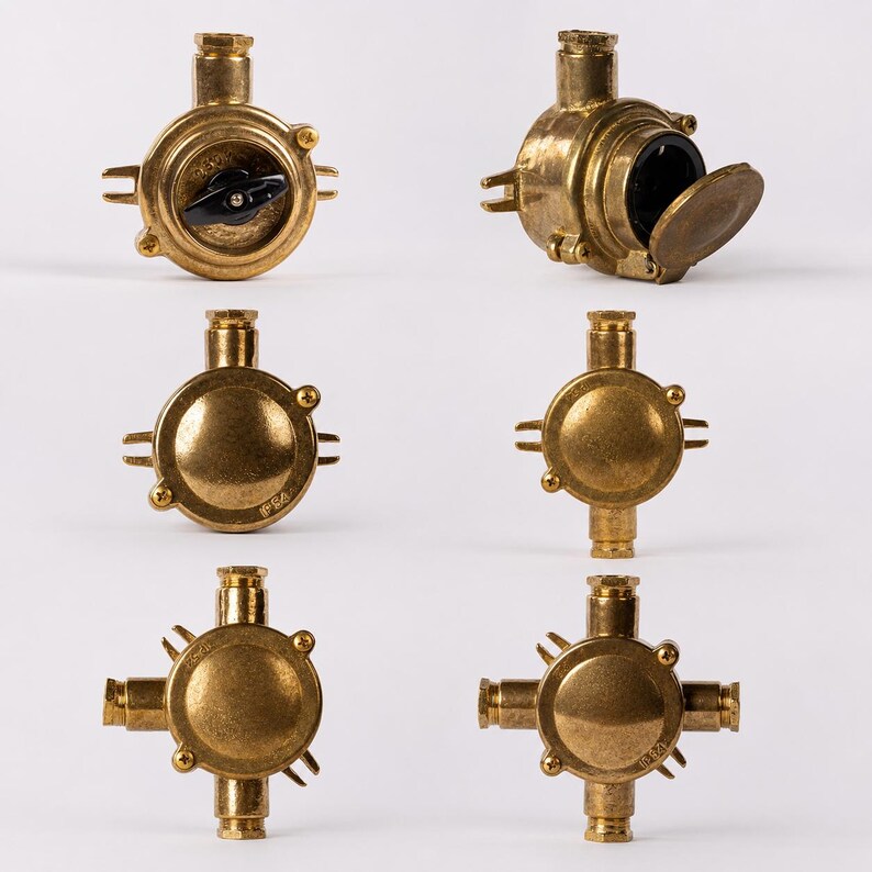 May include: A selection of brass electrical junction boxes, featuring a circular design and multiple outlet configurations. Some have a hinged cover, while others have a black switch. The brass finish gives them a vintage or industrial appearance.
