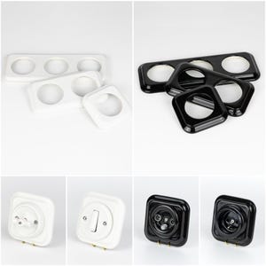 以下が含まれることがあります： 白と黒の電気コンセントカバーとスイッチのコレクション。画像には、シングル、ダブル、トリプルコンセントカバー、ライトスイッチ、電気ソケットなど、さまざまな構成が表示されています。