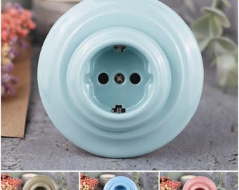 Prise Schuko en porcelaine pastel - Prise murale ronde en céramique, Encastré UE Ø60, 16 A 250 V, Cadre inclus
