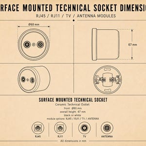 May include: A technical diagram showing a surface mounted technical socket with dimensions. The front diameter is 60 mm and the overall height is 67 mm. It includes RJ45, RJ11, TV, and antenna module options. The text reads Surface Mounted Technical Socket Dimensions.