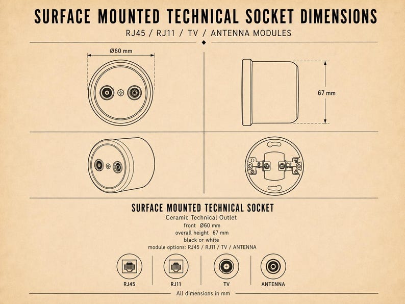 May include: A technical diagram showing a surface mounted technical socket with dimensions. The front diameter is 60 mm and the overall height is 67 mm. It includes RJ45, RJ11, TV, and antenna module options. The text reads Surface Mounted Technical Socket Dimensions.