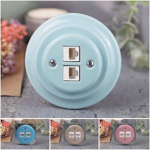 RJ45-vägguttag i porslin, 2x – Pastellfärgat keramiskt dubbelt Ethernet-datauttag, EU Ø60 infälld väggdosa, retromodernt nätverksvägguttag