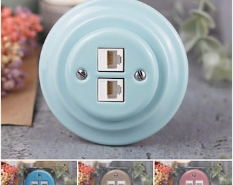 パステルカラーのセラミック製ダブルRJ45イーサネットソケット – 磁器製ネットワークデータコンセント、EU規格Ø60、ミント、ブルー、サーモン、オリーブ