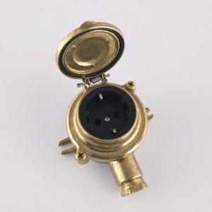 May include: A brass-coloured outdoor electrical socket with a hinged cover. The socket has a black interior and is designed for European-style plugs. The cover is open, revealing the plug sockets. The socket has a cylindrical base.