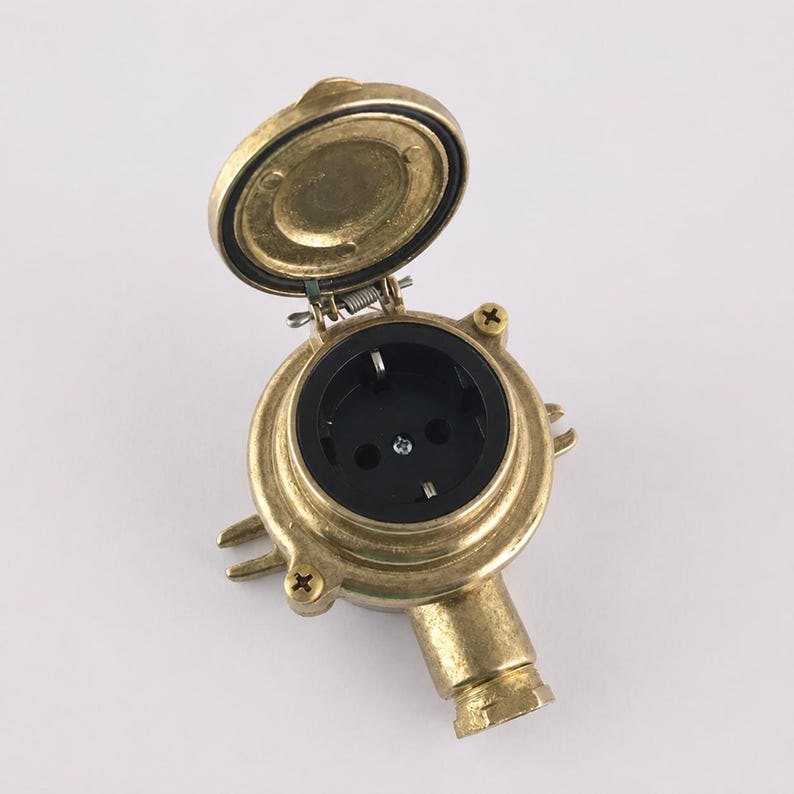 May include: A brass-coloured outdoor electrical socket with a hinged cover. The socket has a black interior and is designed for European-style plugs. The cover is open, revealing the plug sockets. The socket has a cylindrical base.