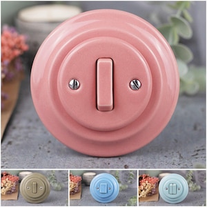 以下が含まれることがあります： 長方形のトグルが付いた、丸いピンク色のセラミック製ライトスイッチ。 スイッチは、2つの小さなネジが付いた円形のデザインです。 ベージュ、青、水色の追加のスイッチが下に表示されています。