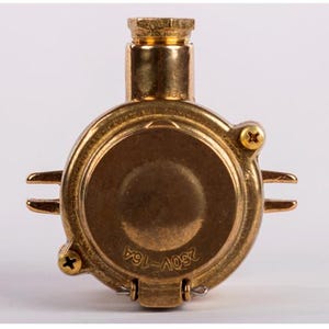 May include: A brass electrical component with a circular body and a cylindrical top. The component has two small, horizontal protrusions and is secured with screws. The text "250V-16A" is visible on the front.