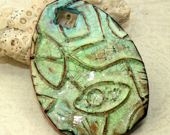 Polymer clay Handmade faux ceramic shield pendant, focal pendant, 56mm, boho style, hippie, aged worn rustic, jewelry design, component