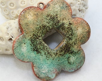 Polymer clay pendant, Handmade faux ceramic focal pendant, 40mm, gear pendant, aged worn rustic, jewelry design