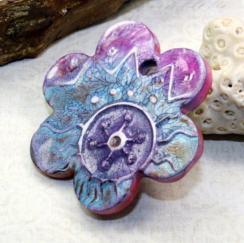 Gear pendant grungy faux ceramic large pendant boho Polymer Clay Ceramic pendant jewelry design component aged worn rustic chic