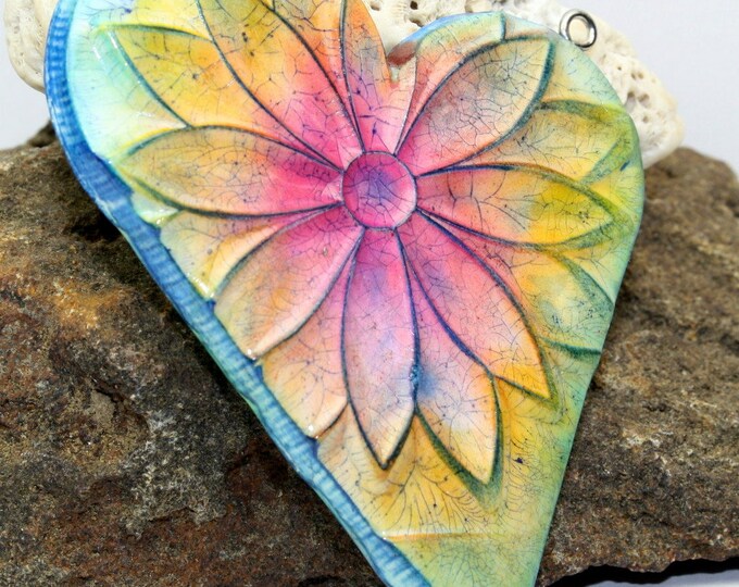 Polymer Clay Handmade Large Faux Ceramic Heart Pendant, 74mm, Sunflower