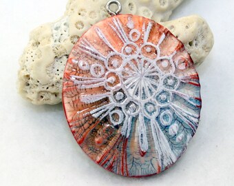 Polymer clay pendant, faux ceramic flower pendant, 42mm oval flower pendant antiqued aged worn rustic, jewelry component, hippie boho chic