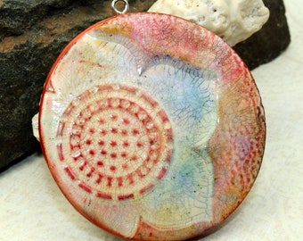 Polymer clay pendant, 48mm artisan pendant, flower pendant, boho, chic, aged, worn jewelry component, faux ceramic jumbo pendant