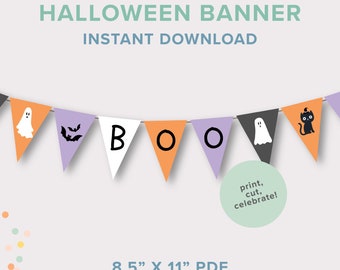 Op de afbeelding: Een printbare Halloween-banner met vlaggetjes die "BOO" spellen. De banner heeft oranje, paarse, witte en zwarte driehoeken met Halloween-thema graphics. De banner is 21,6 cm x 27,9 cm PDF, met elke banner van 13,7 cm x 18,3 cm.