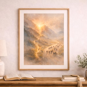 Puede incluir: Una impresión enmarcada que representa un camino sinuoso a través de un paisaje montañoso, con figuras caminando hacia una luz dorada. La obra de arte se exhibe sobre una mesa de madera con una lámpara, libros y un jarrón.