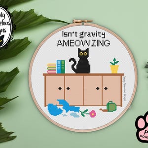 Funny Cat Gravity Cross Stitch Pattern, Cat Lover Cross-Stitch Design PDF Download, Cute Kitty Digital Printable Chart, Cat Person XStitch